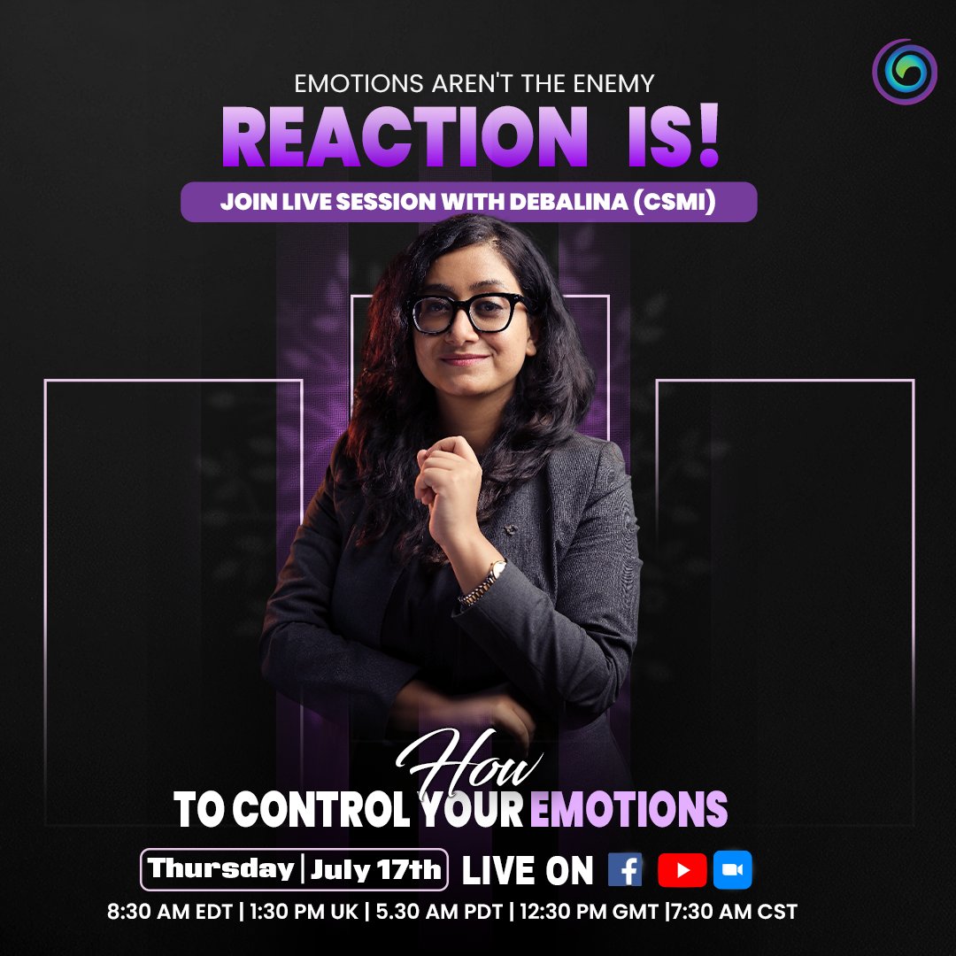 SilvaHomeOffice's tweet photo. Join Debalina (Certified Silva Method Instructor) for a powerful LIVE session on “𝐇𝐨𝐰 𝐭𝐨 𝐂𝐨𝐧𝐭𝐫𝐨𝐥 𝐘𝐨𝐮𝐫 𝐄𝐦𝐨𝐭𝐢𝐨𝐧𝐬”—

Date: Thursday, 17th July
Time: 8:30 AM EDT | 1:30 PM UK | 5:30 AM PDT | 12:30 PM GMT| 7:30 AM CST

𝐋𝐈𝐕𝐄 𝐨𝐧 𝐙𝐨𝐨𝐦 &amp; 𝐅𝐚𝐜𝐞𝐛𝐨𝐨𝐤 https://t.co/rB6rIJlGQx