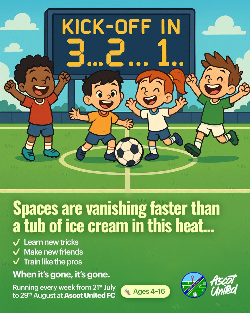 ⏳ Spaces are vanishing faster than a tub of ice cream in this heat...

Our Ascot United Summer Football Camps are being revamped this Summer under ChaisingSport, and there's little time left to get booked on!

 ✔ Learn new tricks
 ✔ Make new friends
 ✔ Train like the pros

🎯