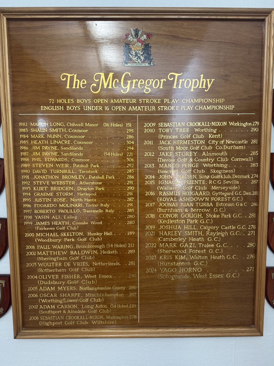 robsmithgolfer's tweet photo. Moving day in the McGregor Trophy 2025 at The Radcliffe on Trent Golf Club. 30 years since ⁦@JustinRose99⁩ won it 👍🏌️some famous names on the honours board in the clubhouse. https://t.co/2yHHaiFBfE