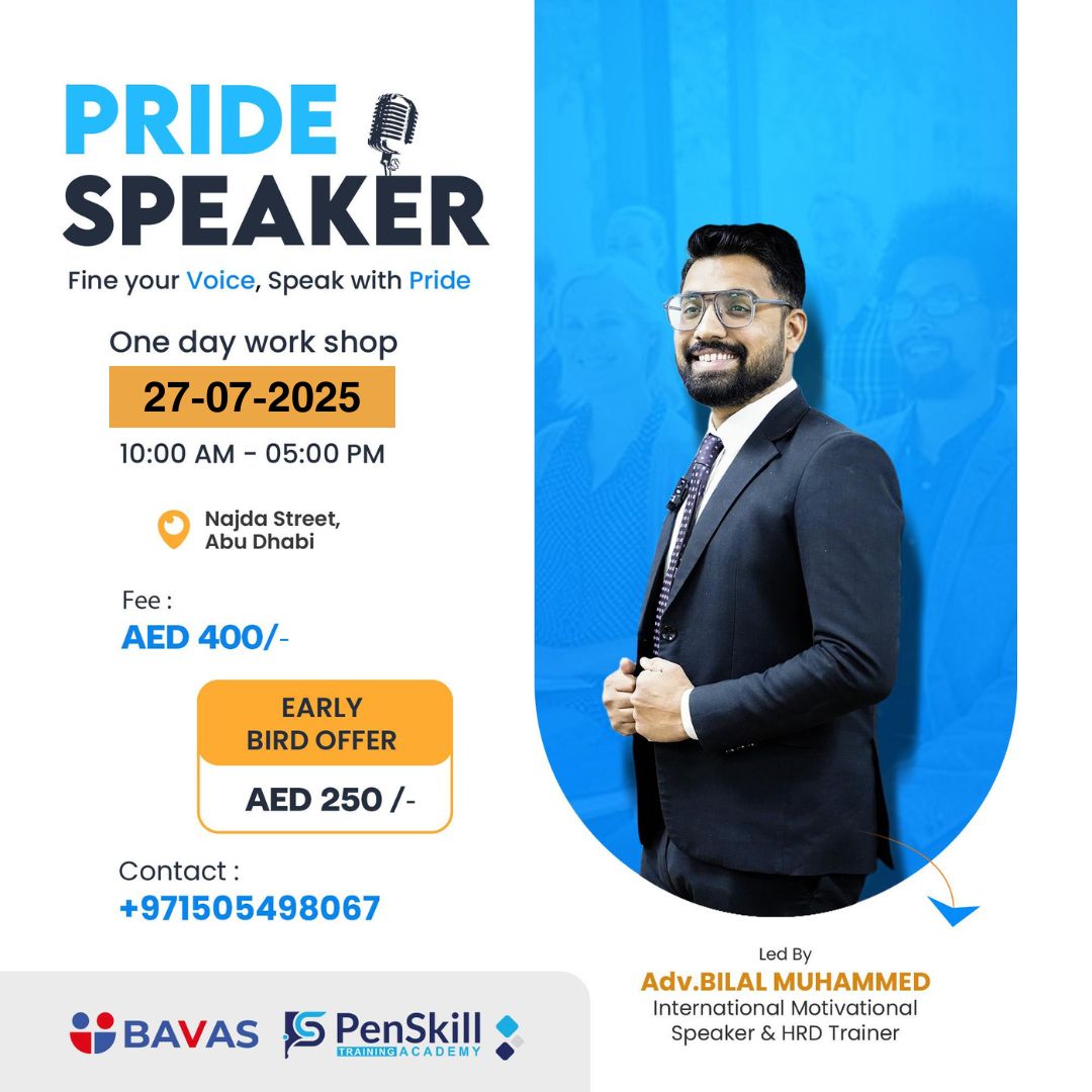 PenskillME's tweet photo. 🗣️ Pride Speaker – Fine your Voice, Speak with Pride!

📅 Date: 27th July 2025
🕙 Time: 10:00 AM – 05:00 PM
📍 Location: Najda Street, Abu Dhabi
💰 Fee: AED 400/-
🎯 Early Bird Offer: AED 250/-
📞 Contact: +971 50 549 8067
#PublicSpeaking #PrideSpeaker #AbuDhabiEvents https://t.co/vhjWnUxs7y