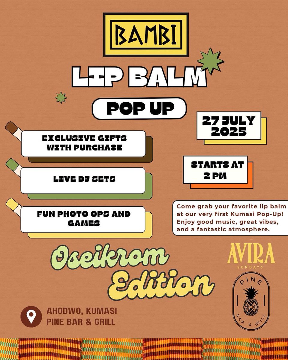 There’s going to be a lip balm pop up on Sunday, the 27th of July
You should be there if you’re in Kumasi🙈

Location: Pine bar and grill (the yard), Ahodwo
Time: 2 pm

Kindly retweet when you see this