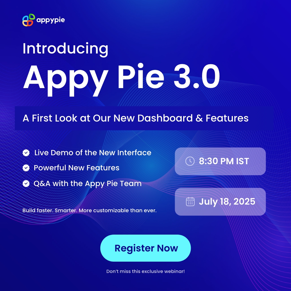 ✨ Big news! Appy Pie 3.0 is launching — build smarter, faster, and freer. 🚀

🗓️ July 18, 8:30 PM IST

🎤 Live Q&amp;A + new dashboard demo

👉 Save your spot: appypie.com/webinar

#NoCodeRevolution #WebinarAlert #AppBuilder #LaunchEventAsk