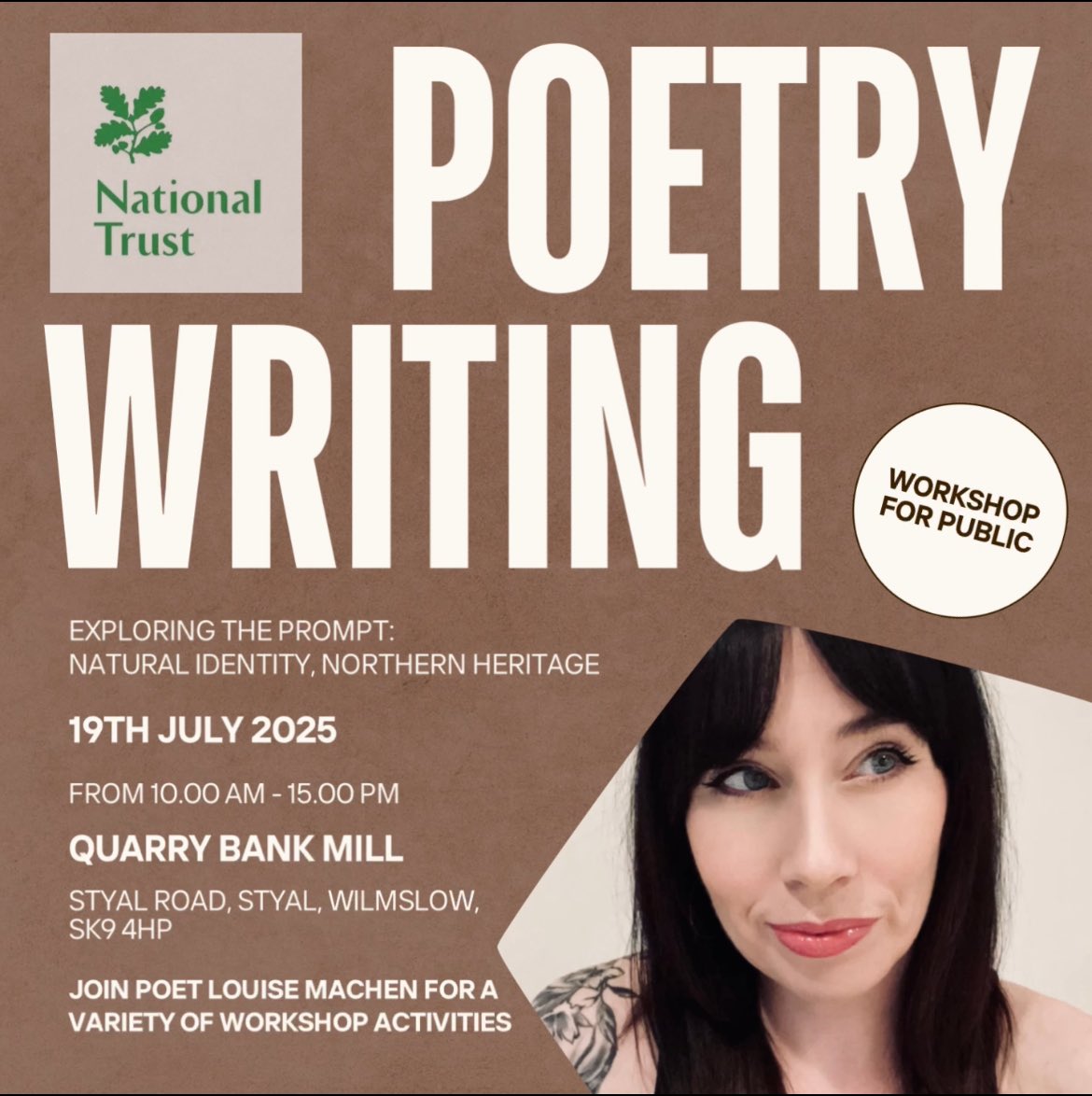 LouLouMach's tweet image. Come to Quarry Bank Mill this Saturday and write some poems with me based on Natural Identity, Northern Heritage.
It’s a FREE event, open to all ages and abilities - there will be art activities going on too.
Perfect way to spend the first Saturday of the summer holidays! 💚