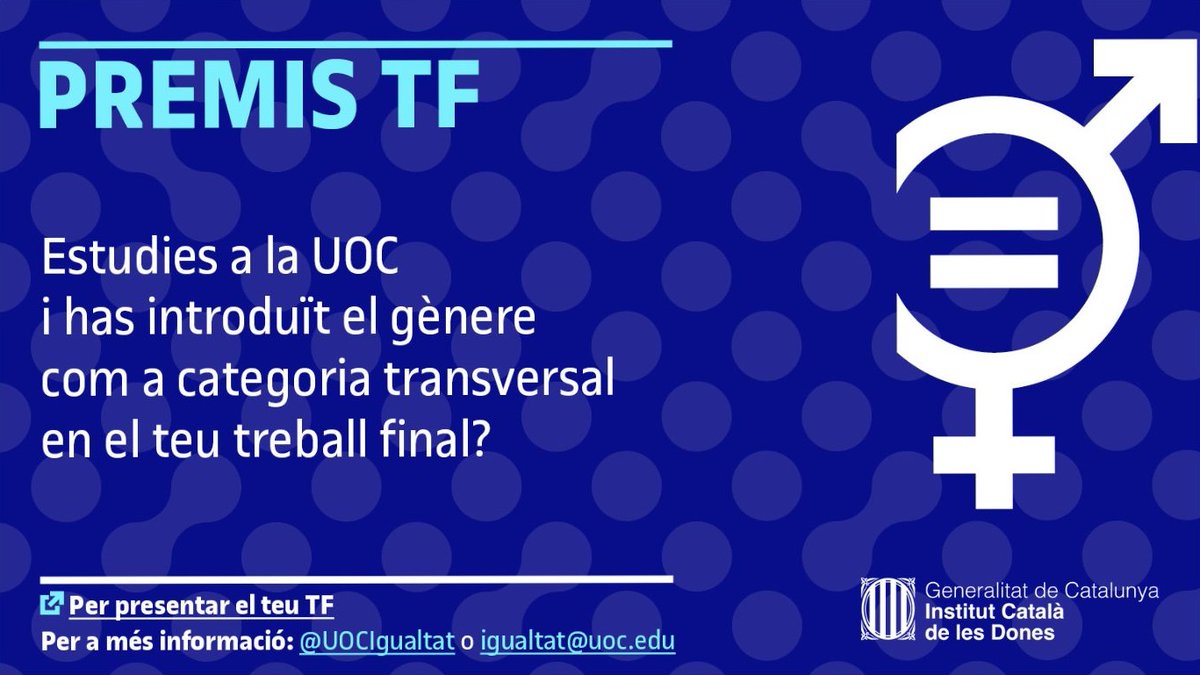 Unitat d'Igualtat (@uocigualtat) on Twitter photo 🎓 Obrim convocatòria dels Premis Treballs Finals amb Perspectiva de Gènere de la <a href="/UOCuniversitat/">UOCuniversitat</a> per al curs 2024-25!
✅ Adreçats a TFG i TFM
✅ Premi de 1.000 € per modalitat
✅ Termini fins al 15 d’octubre de 2025
T’expliquem com participar-hi i t’inspirem amb exemples 👇 🎓 Obrim convocatòria dels Premis Treballs Finals amb Perspectiva de Gènere de la <a href="/UOCuniversitat/">UOCuniversitat</a> per al curs 2024-25!
✅ Adreçats a TFG i TFM
✅ Premi de 1.000 € per modalitat
✅ Termini fins al 15 d’octubre de 2025
T’expliquem com participar-hi i t’inspirem amb exemples 👇