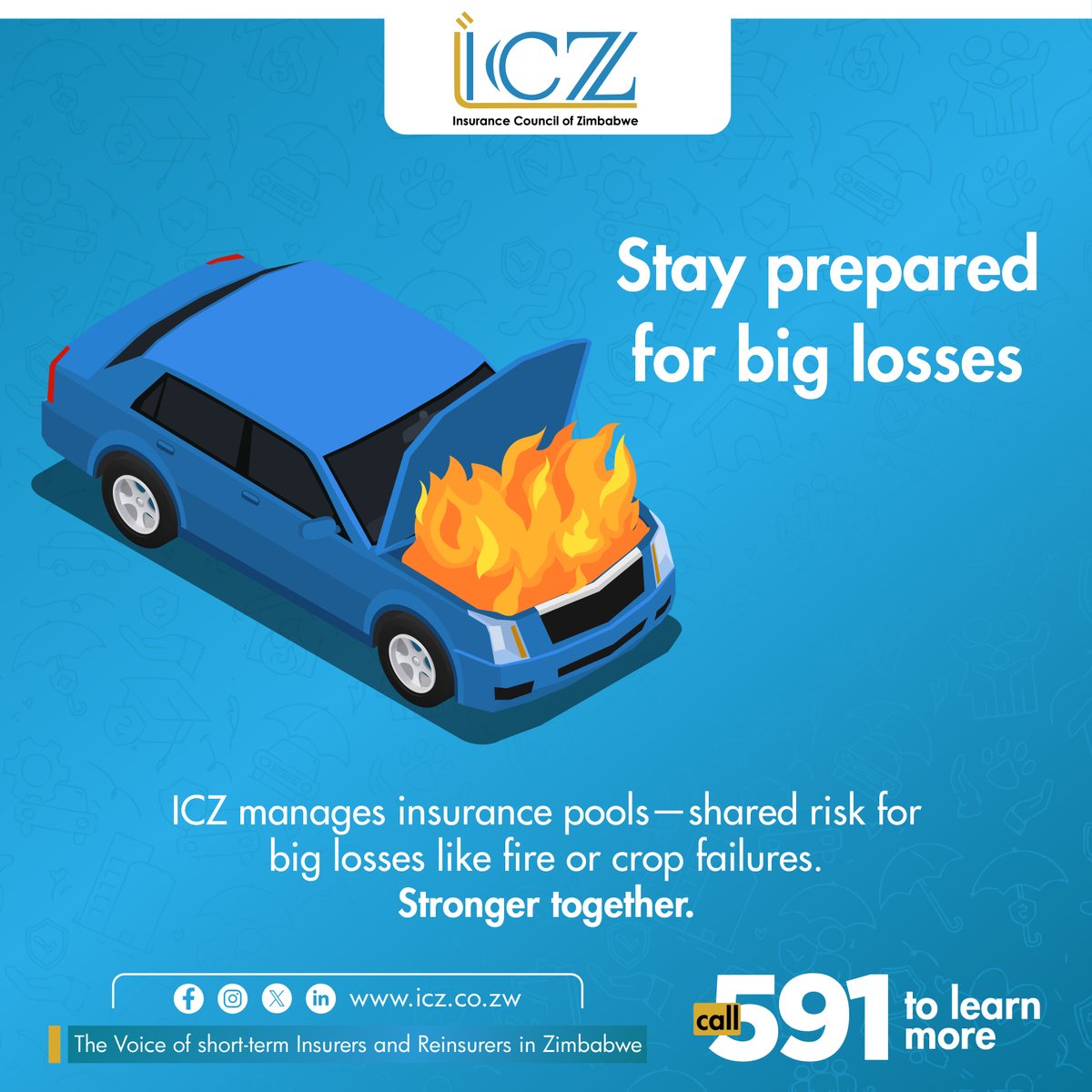 Disasters don’t send a warning—be ready.

Through shared insurance pools, ICZ helps cushion you from major losses like fire or crop failure.
Together, we’re stronger and better protected.

#ICZ #InsuranceCouncilZW #RiskManagement #FireInsurance #CropCover #SharedRisk