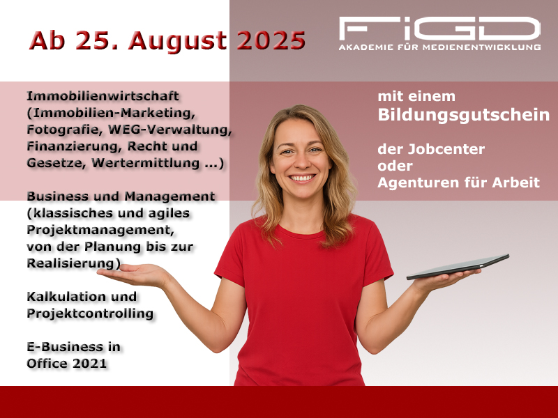Die praxisnahe #Weiterbildung der FiGD Akademie vermittelt umfassende Kenntnisse in Projektplanung, #Kalkulation und #E-Business. Ideal für alle, die fundiert in Business und Immobilien-Management einsteigen möchten – zu 100 % förderbar mit #Bildungsgutschein.