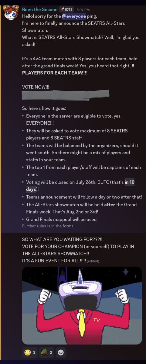 IDTS_Center's tweet image. Uh oh, it seems like MushReen got too excited announcing the All-Stars showmatch, he turned into Tenna!
Anyways, vote for your champions to play in SEATRS All-Stars now!!!