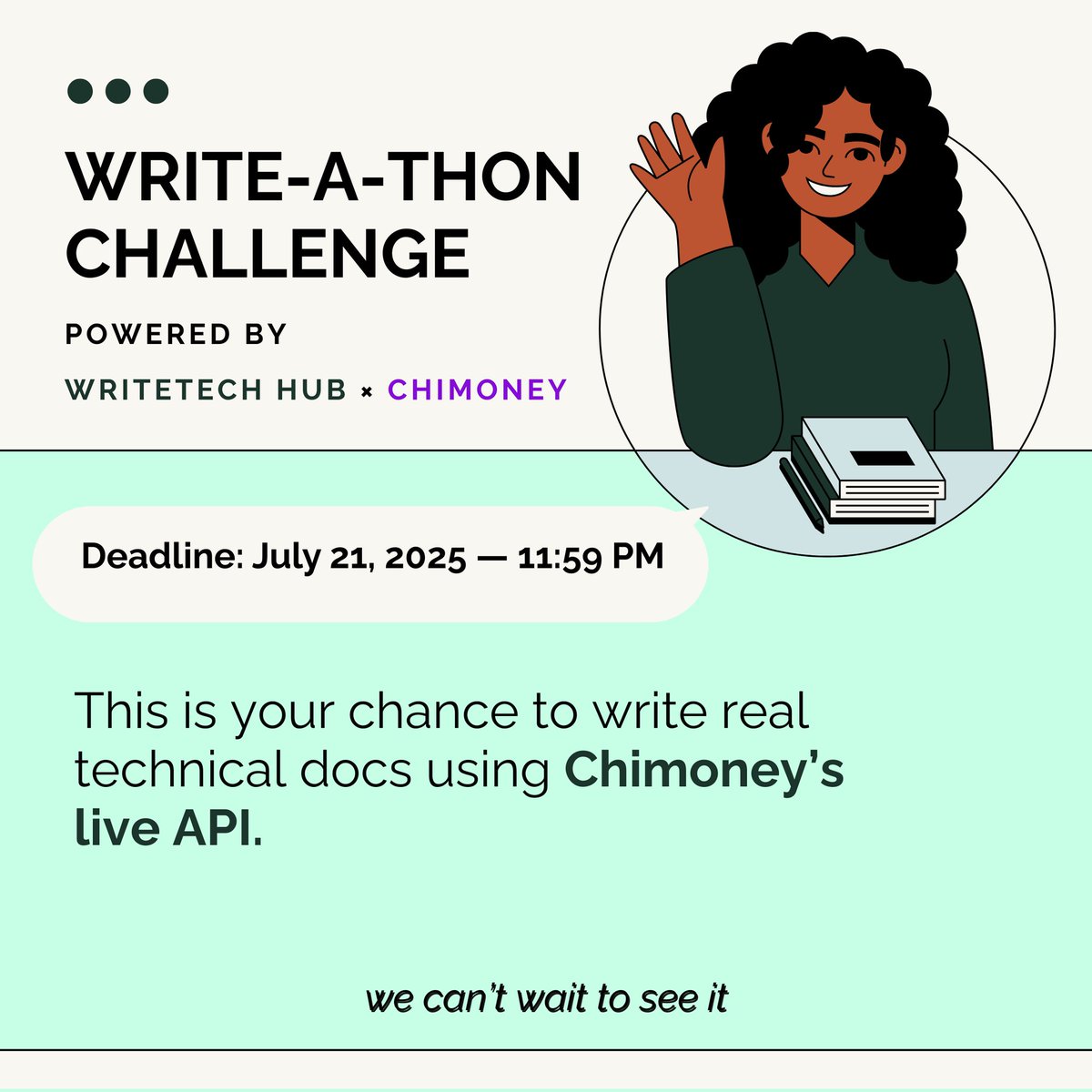 The Write-A-Thon Challenge by <a href="/WriteTechHub/">WriteTech Hub</a> × <a href="/chimoney_io/">Chimoney (Techstars ‘23)</a> is officially LIVE. 

We've put together FAQs, swipe to check you need to know.

If you're having trouble joining us, here’s a backup link you can use:  dub.sh/1QsiUii.

We can't wait to see your entries.