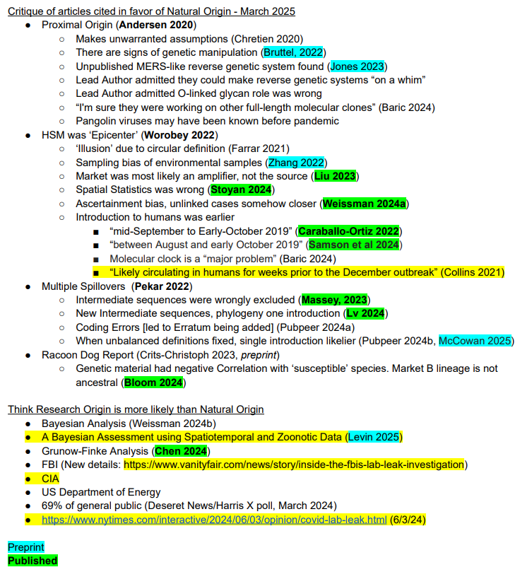 Biorealism's tweet photo. Ok, but several analyses challenge the assumptions this piece relies on for Huanan Seafood Market origin. Particularly, in relation to multiple spillover theory (lineage A and B only 2 mutations apart with incomplete case ascertainment), ascertainment bias in case data and the environmental samples. Meanwhile, the NIH terminated WIV's subaward over refusal to share records of their SrCoV research that included Yunnan and Laos where the closest known relatives are. See for example:

1. Jesse Bloom on Jesse Bloom on "clear evidence of bias among the earliest available sequence, and explain why the root of the SARS-CoV-2 tree cannot be conclusively resolved with the current data".

Data are Insufficient to Confidently Root the SARS-CoV-2 Phylogenetic Tree (2025) | Molecular Biology and Evolution | Oxford Academic https://t.co/uIalNSXkc4

2. Lv et. al. (2024) found new intermediate genomes so the multiple spillover theory is unlikely.  Lv et al considered single point of emergence is more likely with lineage A coming first. The market cases were all lineage B so not the primary cases. Their findings are consistent with Caraballo-Ortiz (2022), Bloom (2021).

Jia-Xin Lv, Xiang Liu, Yuan-Yuan Pei, Zhi-Gang Song, Xiao Chen, Shu-Jian Hu, Jia-Lei She, Yi Liu, Yan-Mei Chen, Yong-Zhen Zhang, Evolutionary trajectory of diverse SARS-CoV-2 variants at the beginning of COVID-19 outbreak, Virus Evolution, Volume 10, Issue 1, 2024

https://t.co/xfV6bnO4Zv

3. Angus Mccowan who identified coding errors in Pekar et. al. leading to an erratum in Science in 2024 found another significant error. This actually reverses the Bayes factor to favor single spillover. https://t.co/YpSUEHe98H

4. Michael Weissman (2024) shows a model with ascertainment collider stratification bias fits early Covid case location data much better than the model that all cases ultimately stemmed from the market. George Gao, Chinese  CDC head at the time, acknowledged this to the BBC in 2023 - said they focused too much on and around the market and may have missed cases on the other side of the city). See also, Bahry (2023).

Michael B Weissman, Proximity ascertainment bias in early COVID case locations, Journal of the Royal Statistical Society Series A: Statistics in Society, 2024;

https://t.co/0thsFsnI82

5. Sampling bias towards the wildlife-stalls stalls while the single lineage A sample was of low quality. 

Liu, W.J., Liu, P., Lei, W. et al. Surveillance of SARS-CoV-2 at the Huanan Seafood Market. Nature 631, 402–408 (2024).

6. Jesse Bloom (2023) showed a negative correlation with susceptible animals and SARS-COV-2 genetic material. His (2024) analysis of the 12 Jan 2020 samples showed genetic material from some animal CoVs was fairly abundant in samples collected during the wildlife-stall sampling of the Huanan Market on Jan-12-2020. However, SARS-CoV-2 is not one of these CoVs.

Jesse D Bloom, Importance of quantifying the number of viral reads in metagenomic sequencing of environmental samples from the Huanan Seafood Market, Virus Evolution, Volume 10, Issue 1, 2024,
 https://t.co/cW6CslqGjE

7. Patrick Berche, DG at Institut Pasteur in Lille 2014-2018, notes you would expect secondary outbreaks as occurred with SARS1 if it arose via the animal trade. It arose well adapted to human ACE2 cells with low genetic diversity indicating a lack of prior circulation in animals and a furin cleavage site not seen in other sarbecoviruses.

Gain-of-function and origin of Covid19, La Presse Médicale, Volume 52, Issue 1, March 2023

https://t.co/HvaiVM2Q90

8. Chen et al (2024) note the draft  DEFUSE restriction enzyme stitching plans are consistent with the speculation of Bruttel et al (2022). This type of research could have lead to SARS-CoV-2?

Chen, X., Kalyar, F., Chughtai, A. A., & MacIntyre, C. R. (2024). Use of a risk assessment tool to determine the origin of severe acute respiratory syndrome coronavirus 2 (SARS-CoV-2). Risk Analysis, 1–11. https://t.co/ln9pYKWcNh