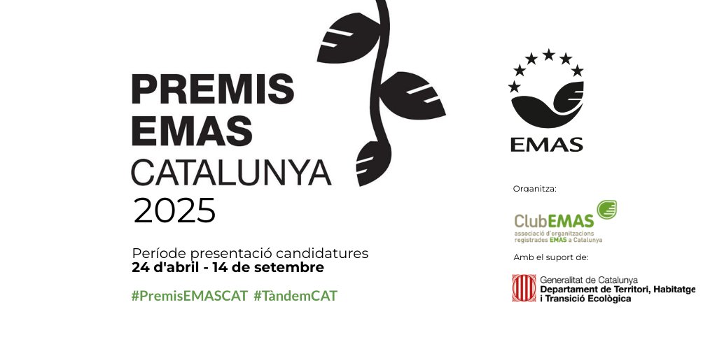 Darrers dies per presentar candidatures als #PremisEMASCAT Si ets, #EMAS presenta candidatura. I, si no ets #EMAS però has fet una col·laboració amb una entitat presenta-la també al millor #TàndemCAT (Fins el 14/9) Tota la info clubemas.cat/ca/premisemas/… Amb el suport <a href="/territoricat/">Territori</a>