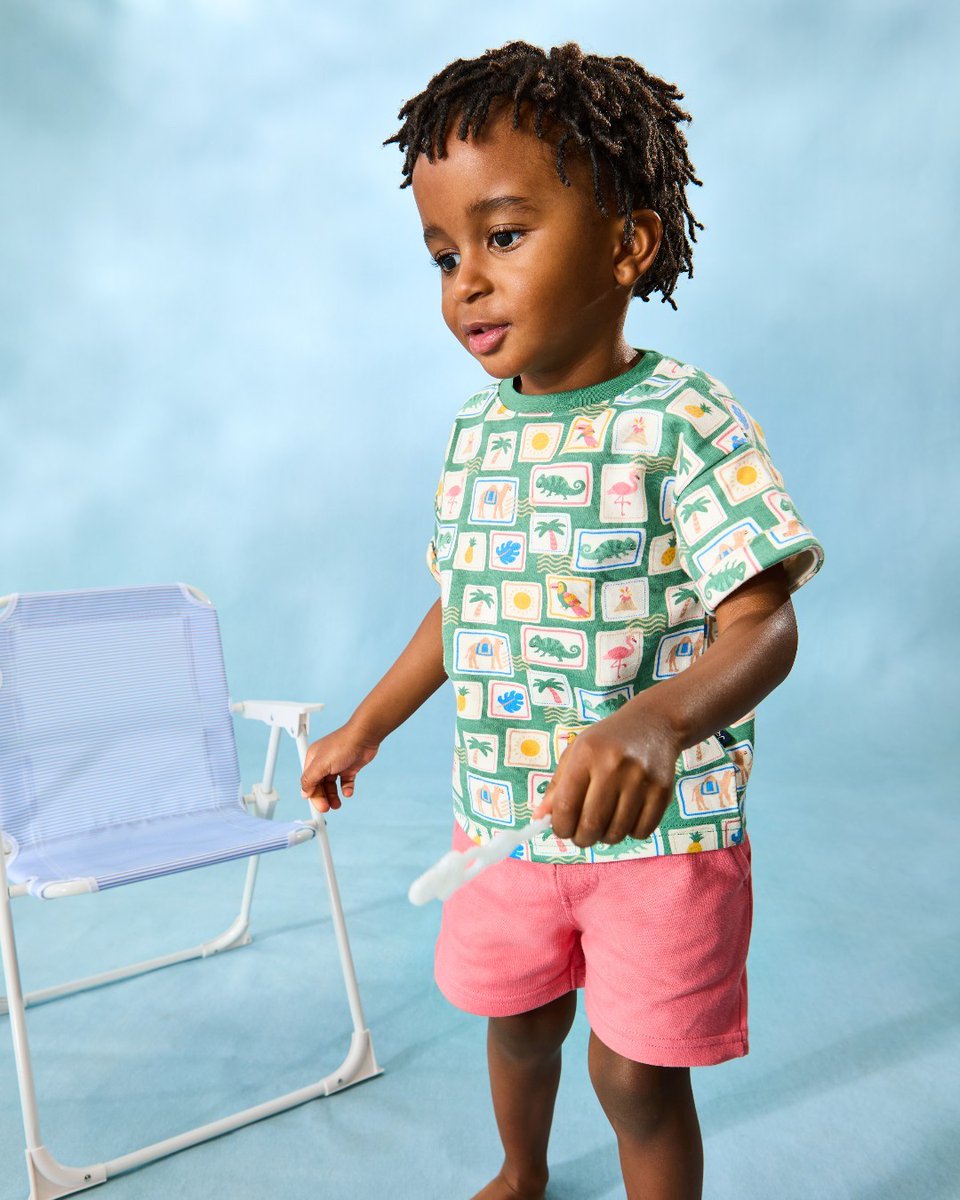 Adventures in every stitch! 🌿Our Khaki Tropical Postcard 2-Piece Printed T-Shirt &amp; Short Set brings a touch of paradise to everyday play  bit.ly/4lvyvvU