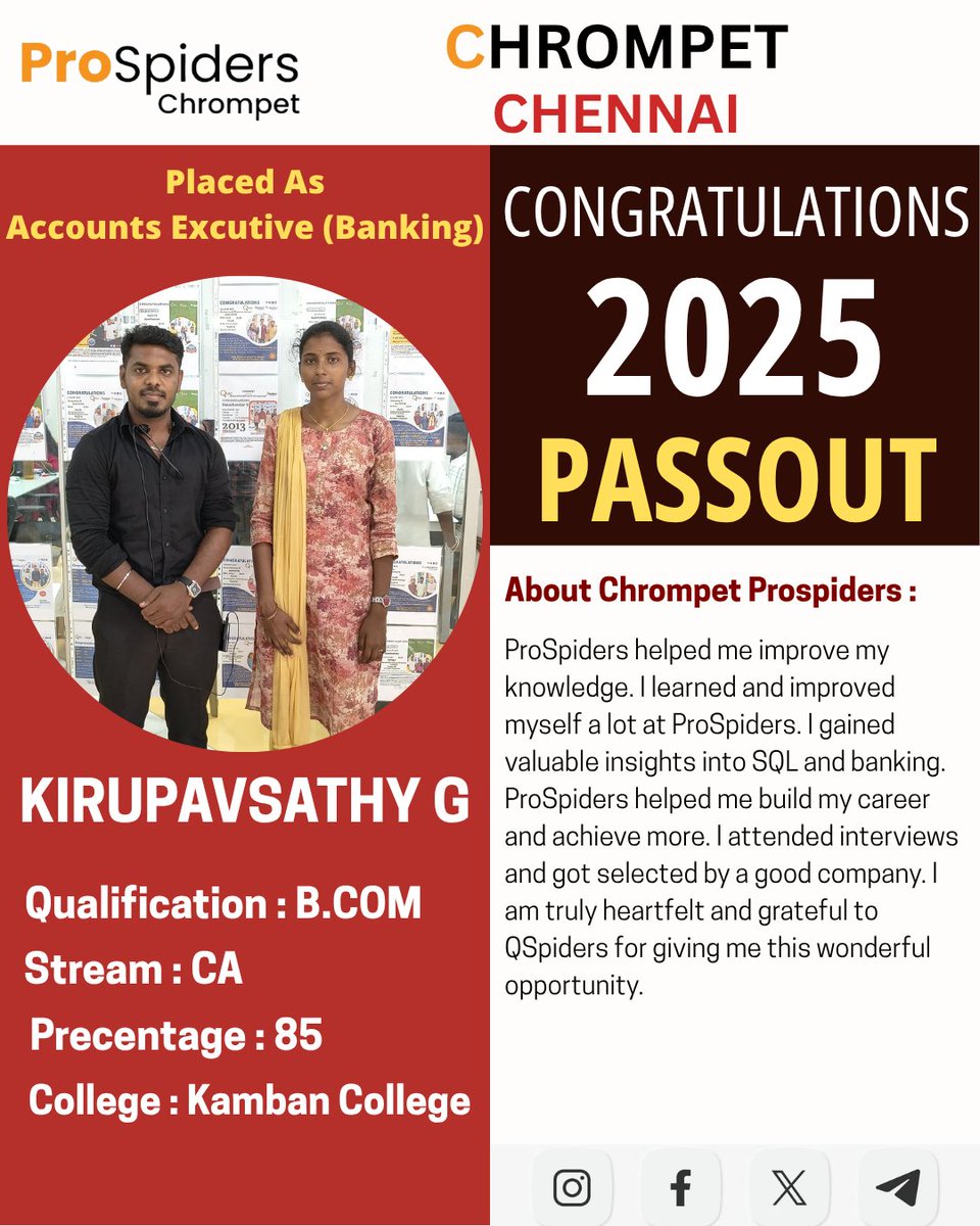 qspiderschromp1's tweet photo. Exciting News..! 📷
📷Congratulations G Kirupavathy📷
We are thrilled to announce that one of our dedicated students has successfully secured a job after completing the Prospiders Banking course! 📷
#prospiders #bankingcourse #careersuccess #studentachievement #proudmoment #dream https://t.co/3eV7p4yeJP