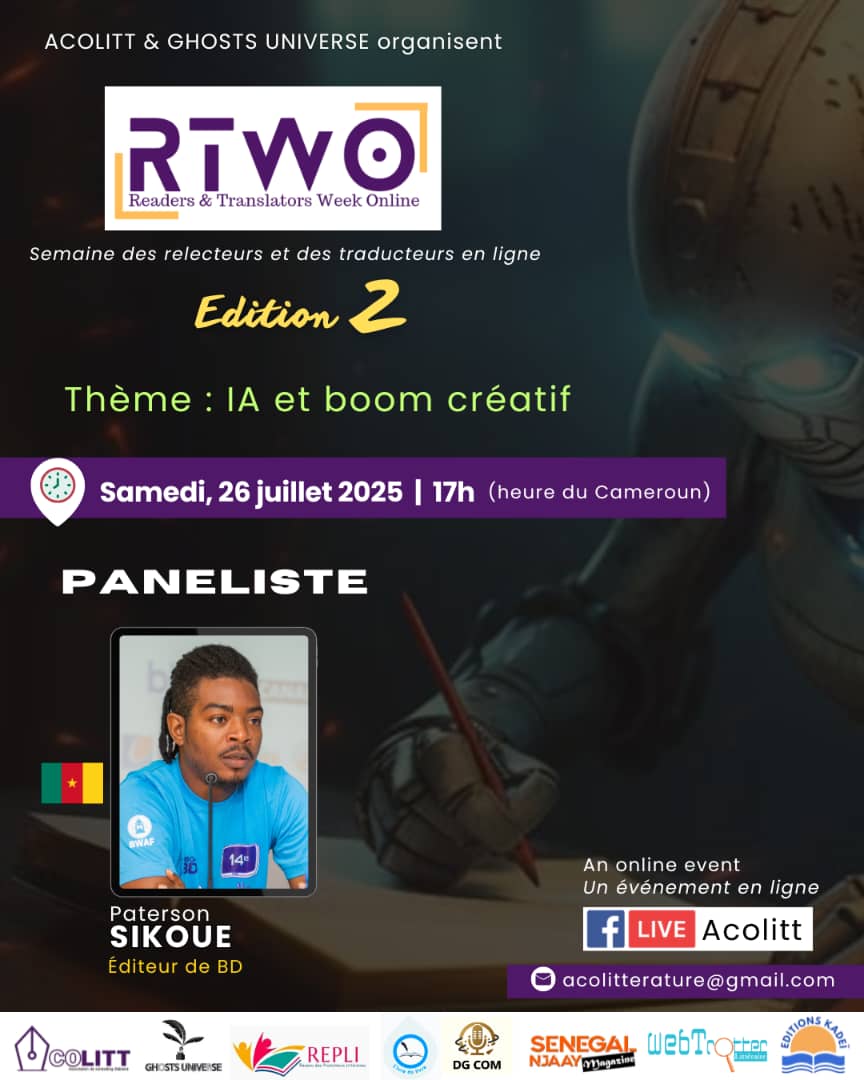 Paterson_peuf's tweet image. À l'occasion de la #RTWO (Readers&amp;amp;Translators Week Online), j'aurai l'occasion de partager mon point de vue sur la thématique "IA et boom créatif".

Ça sera le 26 prochain. 

La #RTWO sera du 23 au 26, exclusivement en ligne, sur la page Facebook d'ACOLITT.

😉