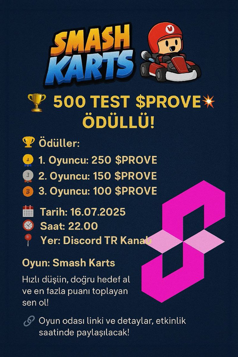 SuccinctTR's tweet image. 🎮 Smash Karts Turnuvası - 500 TEST $PROVE ÖDÜLLÜ!
🏎 Sür, savaş, kazan!
🏆 Ödül: 500 TEST PROVE Token
Rakiplerini alt et, ödülü kap!
📅 Tarih: 16.07.2025 (BU GECE)
⏰ Saat: 22.00
📍 Yer: Discord TR Kanalı
🏆 Ödüller:
🥇 1. Oyuncu: 250 $PROVE
🥈 2. Oyuncu: 150 $PROVE
🥉 3.…