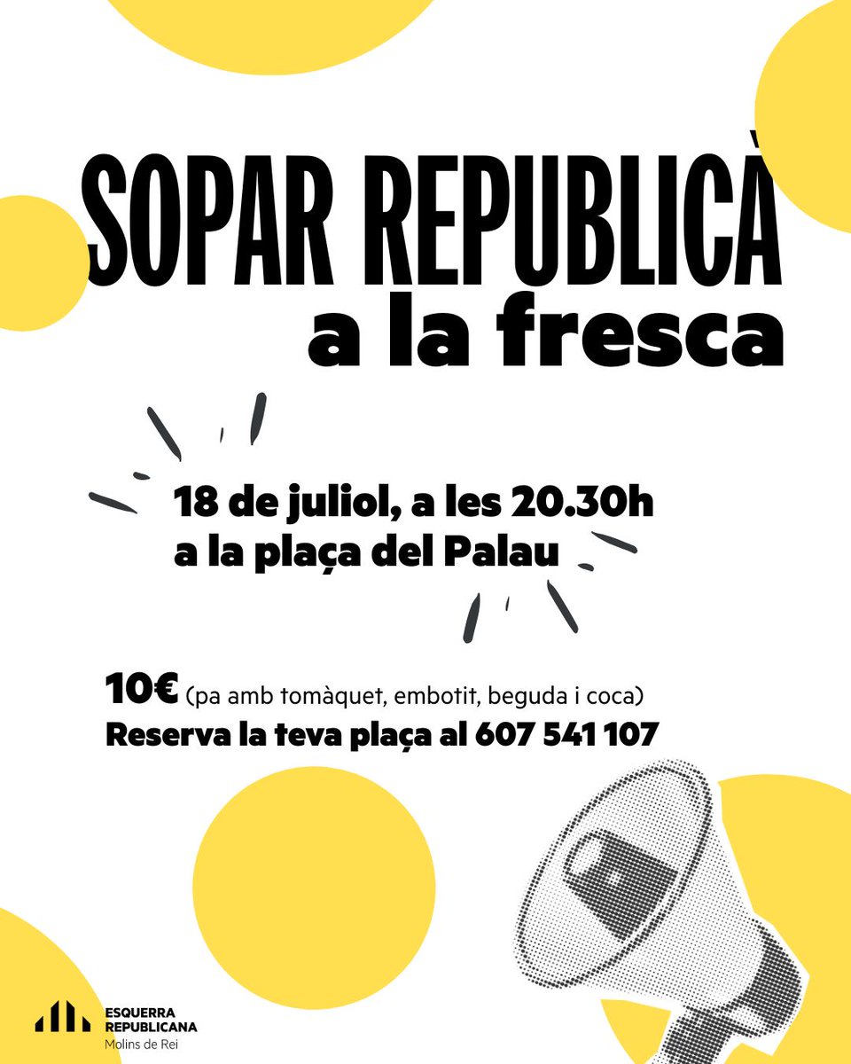 Si vols gaudir d'un bon sopar a la fresca, aquest divendres apunta't al Sopar Republicà. Perquè en dies on molts nostàlgics hi guarden bon record, cal plantar cara i recordar-lis amb un somriure que els valors de la República segueixen ben vius, resistents i tossudament alçats.