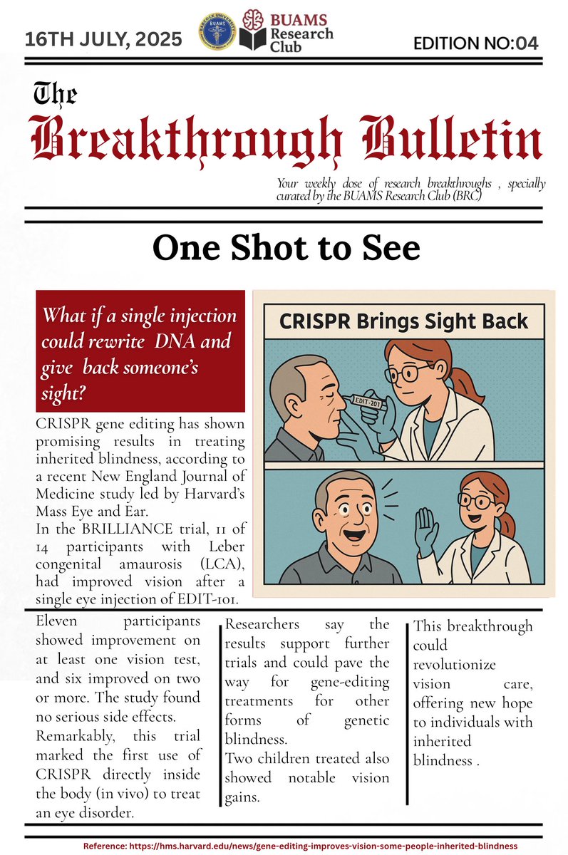 buamsresearch01's tweet photo. One shot, restored sight?😱

CRISPR gene editing just helped people with inherited blindness see again — all from a single injection. Could this be the future of eye care?🫢

Read more in this week’s edition of The Breakthrough Bulletin 🔬 https://t.co/HVI9TElZi1