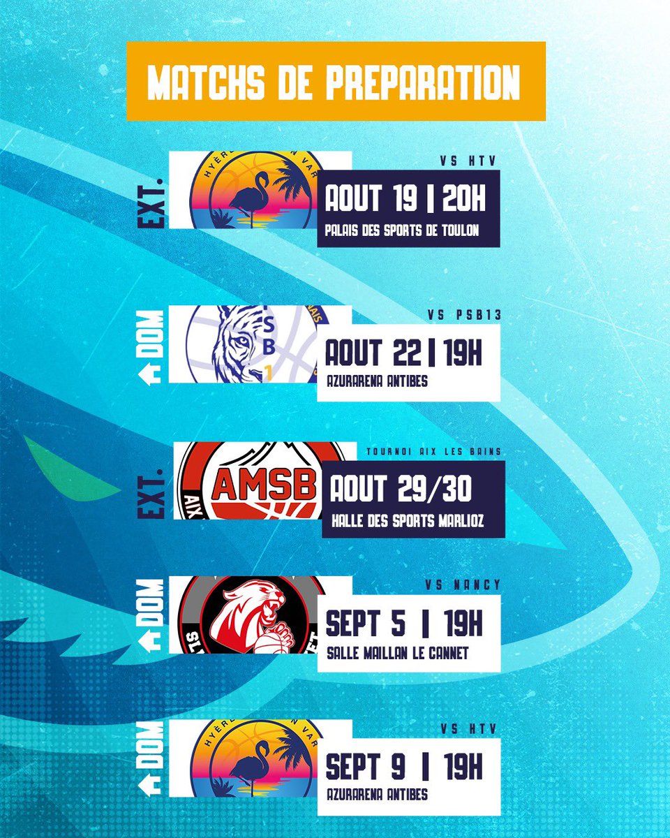 AntibesSharks's tweet image. 🌊 Pré-Saison 🦈
⏰ A quelques semaines de la reprise, voici le calendrier de la prépa de nos Sharks 😤
🏟️ 2 matchs à l’Azurarena :
🆚 Salon-de-Provence (N1) le 22/08
🆚 HTV (Elite 2) le 9/09
⚡️ 1 match Salle Maillan au Cannet : 🆚 Nancy (Betclic Elite) le 5/09
#GoSharks