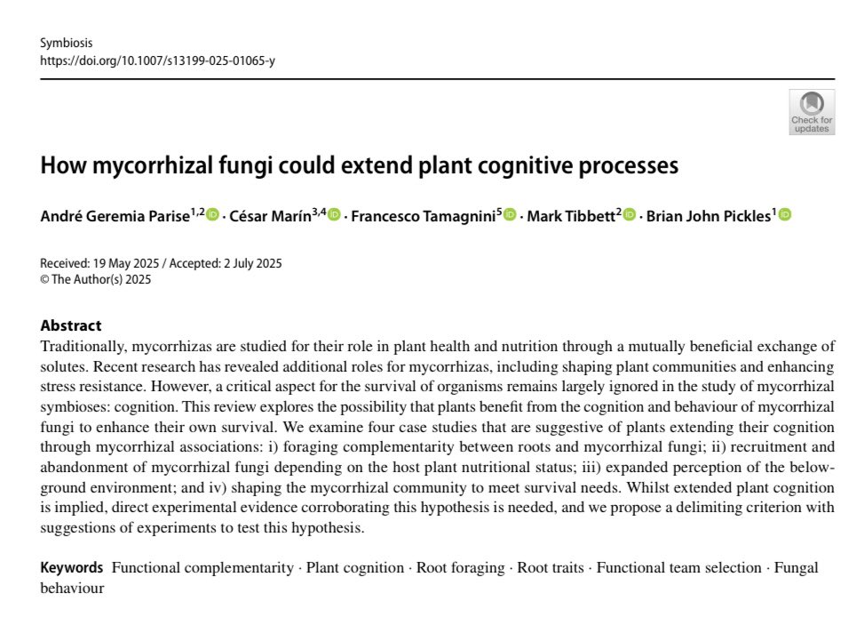 cesarmarin203's tweet image. Paper just published in #Symbiosis:
Parise AG, Marín C, Tamagnini F, Tibbett M, Pickles BJ. 2025. How mycorrhizal fungi could extend plant cognitive processes. Symbiosis. DOI: doi.org/10.1007/s13199…
As an almost-Chilean it feels great to cite Maturana in a mycorrhizal paper
