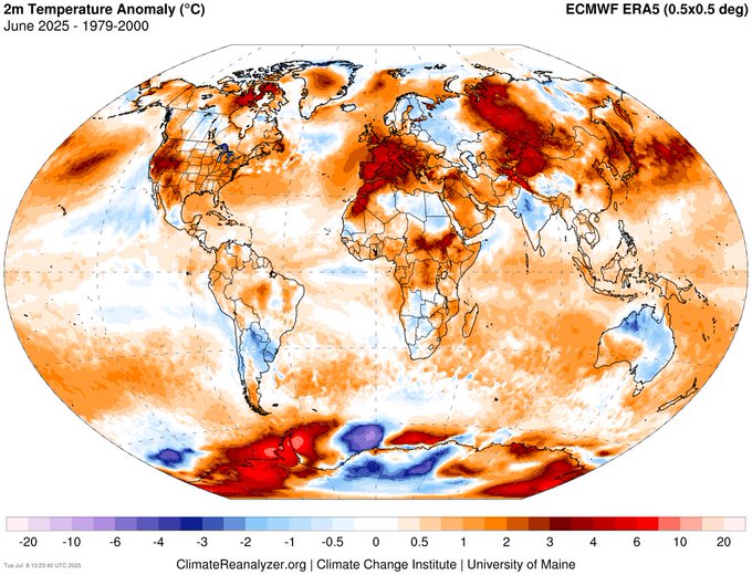 PGDynes's tweet image. Many claiming the summer of '76 was as hot as recent years. These images should clarify that is not the case: June 1976 vs June 2025 global temp anomaly. Since 1976, an estimated 1.5 trillion tonnes of CO₂ have been emitted from human activities. This is a new #climate