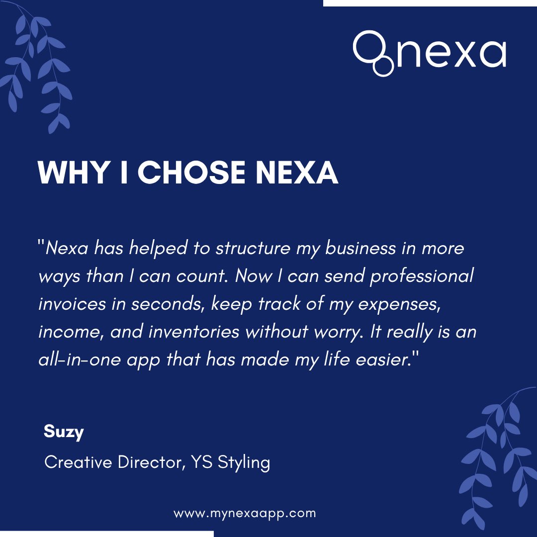 mynexaapp's tweet image. "Nexa has helped structure my business in more ways than I can count. Professional invoices in seconds, expense tracking, and inventory management, all in one app that made my life easier!", Suzy, Creative Director, YS Styling.
#MakeTheSwitch #CreativeBusiness #MyNexaApp