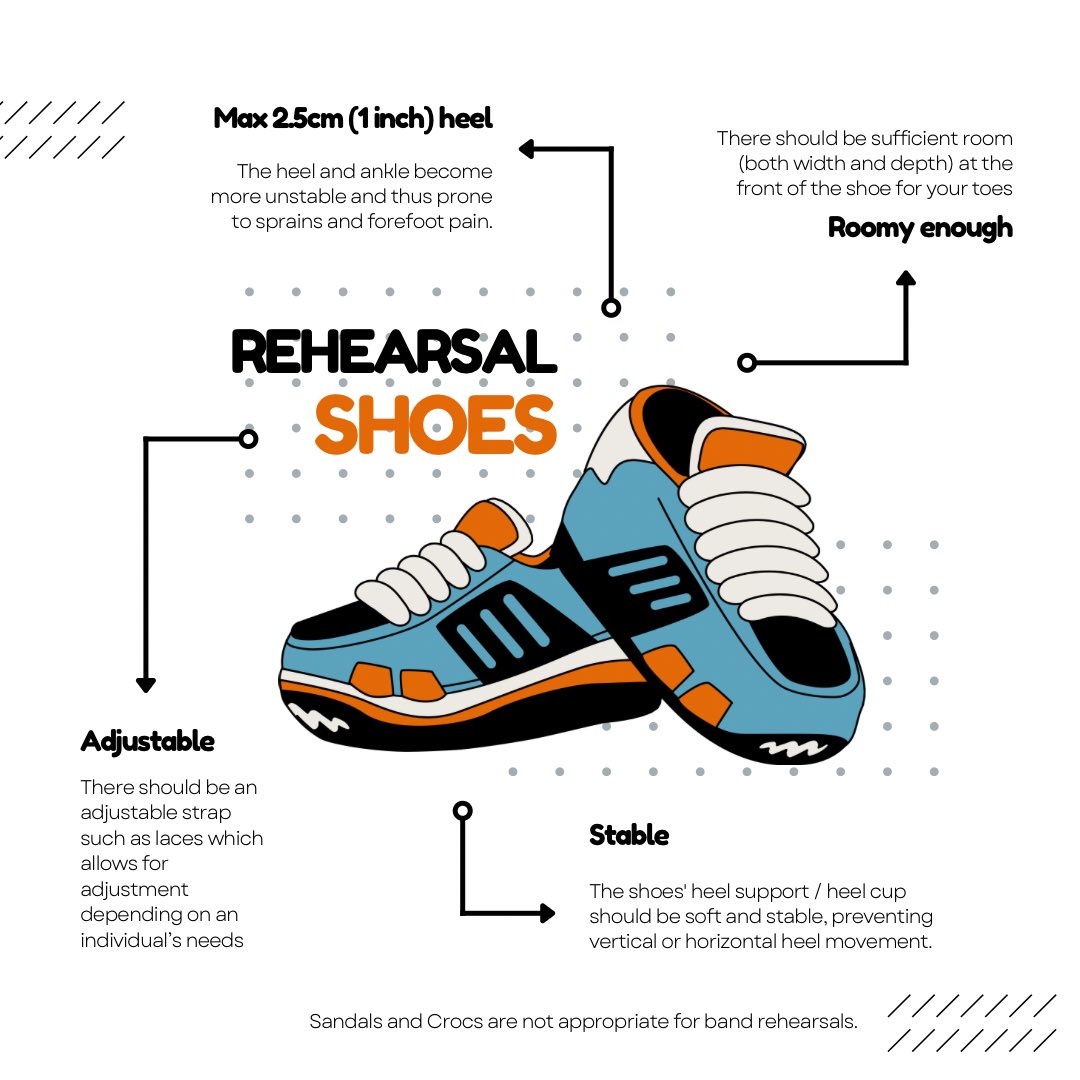 Shoes for band camp and band rehearsals are important! You may not wear flip flops or crocs. Shoes should be supportive and have a good arch. #marchingbandtips