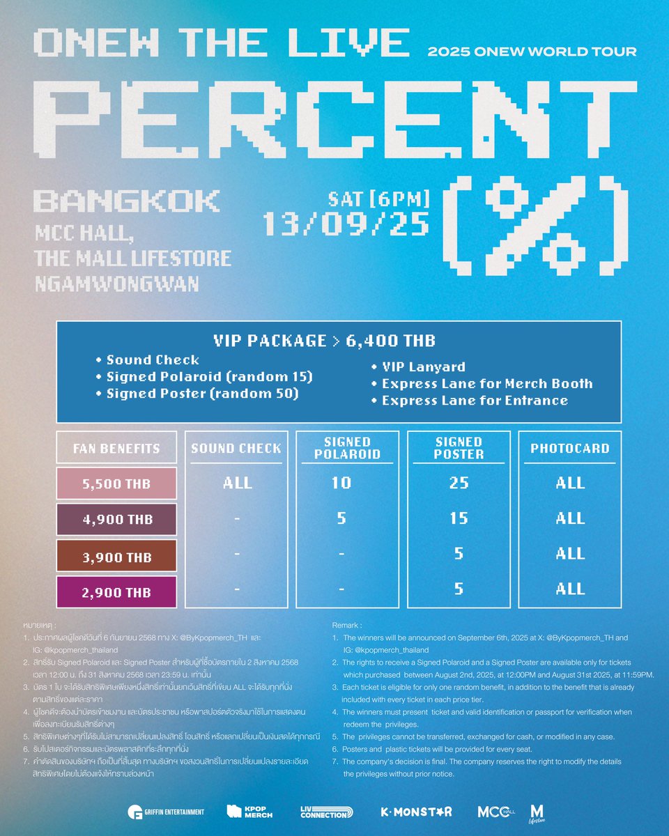 2025 ONEW WORLD TOUR [ONEW THE LIVE : PERCENT (%)] IN BANGKOK

วันแสดง: วันเสาร์ที่ 13 กันยายน 2568
เวลาแสดง: 18:00 น.
สถานที่: MCC HALL ชั้น 4 เดอะมอลล์ไลฟ์สโตร์ งามวงศ์วาน
ราคาบัตร: 6,400 (VIP)/ 5,500/ 4,900/ 3,900/ 2,900 บาท

🎟️ เปิดจำหน่ายบัตร 

วันเสาร์ที่ 2 สิงหาคม 2568