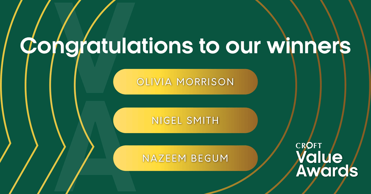 Huge congratulations to Olivia Morrison, Nigel Smith and Nazeema Begum! These 'Crofties' truly embody our core values of WOWing customers, Giving a sh*t, Growing, and Being Croft.

You inspires us all!

#TeamCroft #CompanyValues #EmployeeRecognition #MSPBiz #ValueAwards