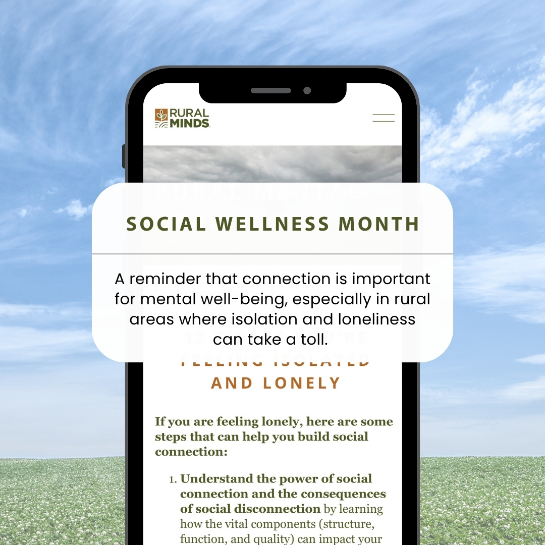 July is Social Wellness Month – a reminder that connection matters, especially in rural areas where isolation and loneliness can impact mental health.

Check in. Reach out. Stay connected.

 Find 12 tips to help you build social connection here: bit.ly/4k95dSa