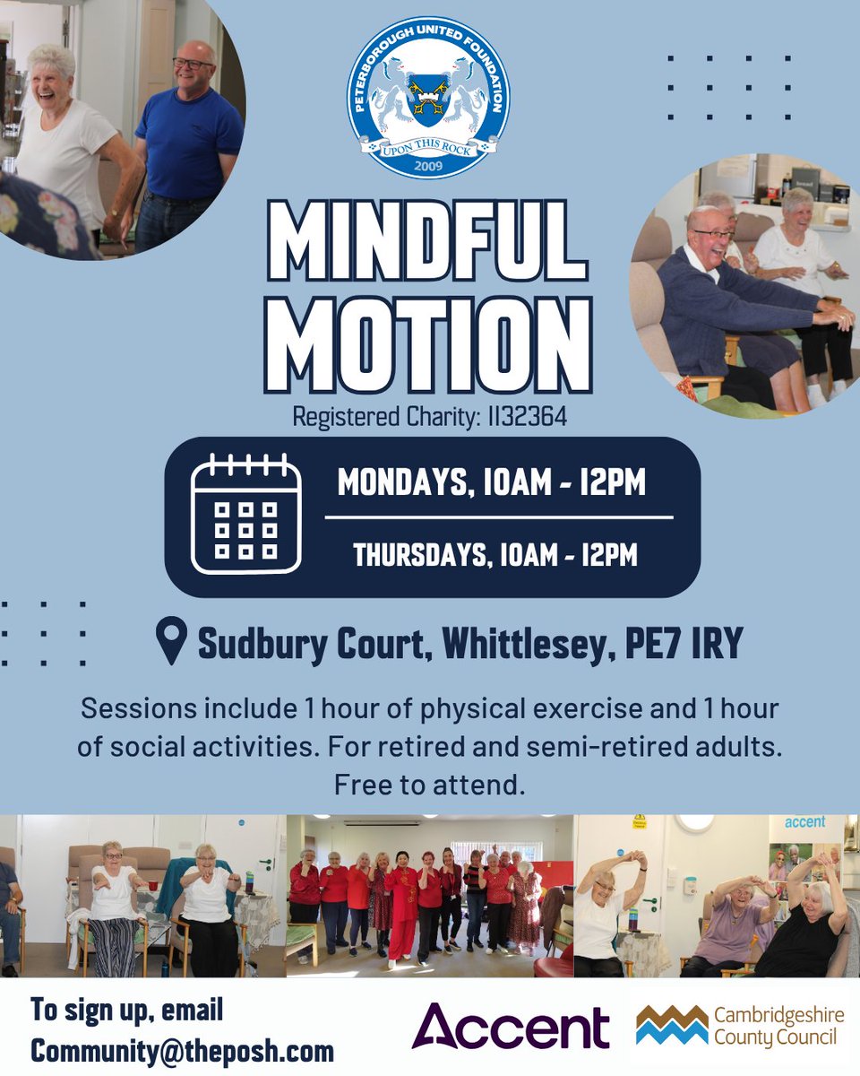 Peterborough United Foundation (@poshfoundation) on Twitter photo 💪 Our Mindful Motion sessions take place every Monday and Thursday!
📍 Sudbury Court, Whittlesey, PE7 1RY
📧 Community@theposh.com
#pufc 💪 Our Mindful Motion sessions take place every Monday and Thursday!
📍 Sudbury Court, Whittlesey, PE7 1RY
📧 Community@theposh.com
#pufc