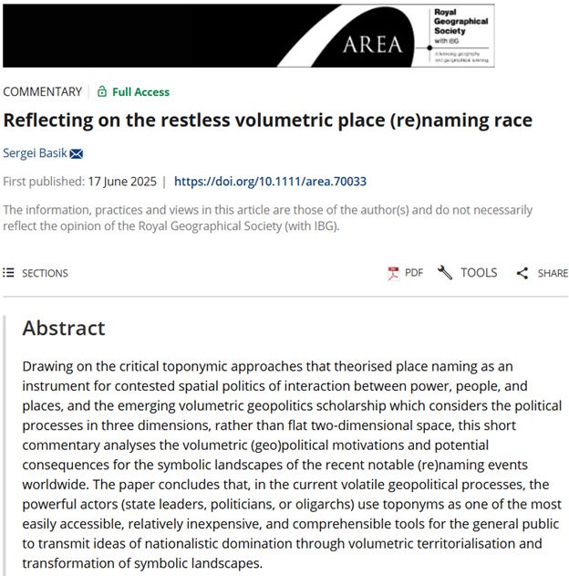 RGS_IBGhe's tweet image. 🔊New commentary published in Area by Sergei Basik (@ConestogaC) 🔊
'Reflecting on the restless volumetric place (re)naming race'
doi.org/10.1111/area.7…