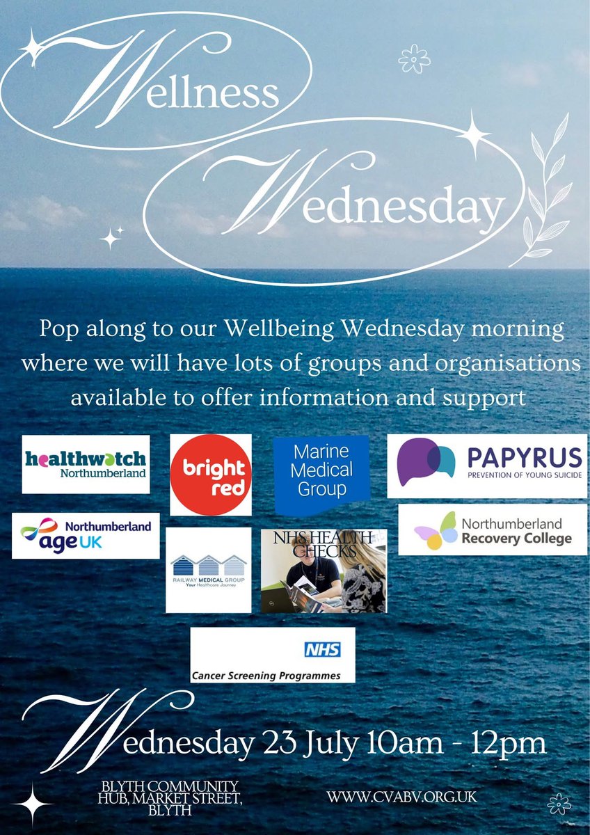 Pop along to #Blyth Community Hub on Market Street on Wednesday 23 July for this Wellness Wednesday event, 10am to 12pm. We'll be joining lots of other local organisations offering free information and support. We hear there might be some cake too!