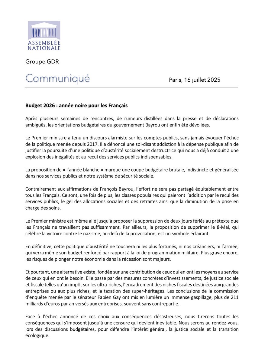 deputesGDR's tweet image. Hier, François Bayrou a présenté les orientations bugdétaires que les Français auront à subir en 2026.
Face à l'échec annoncé de ces choix désastreux, nous tirerons toutes les conséquences qui s'imposent jusqu'à la censure qui devient inévitable.
Notre communiqué ⤵️