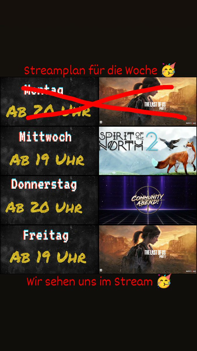 DerPfeffie's tweet photo. Streamplan 🥳
#thelastofus #spiritofthenorth2 #communityabend #der_pfeffie #stream #streamer #streaming #twitch #twitchlive #twitchtv #twitchtvgaming #twitchtvstreamer #twitchde #twitchkleinestreamer  #twitchgamer #twitchgaming #twitchstreamer #twitchstreaming #twitchaffiliate https://t.co/eZHd1p2oTm