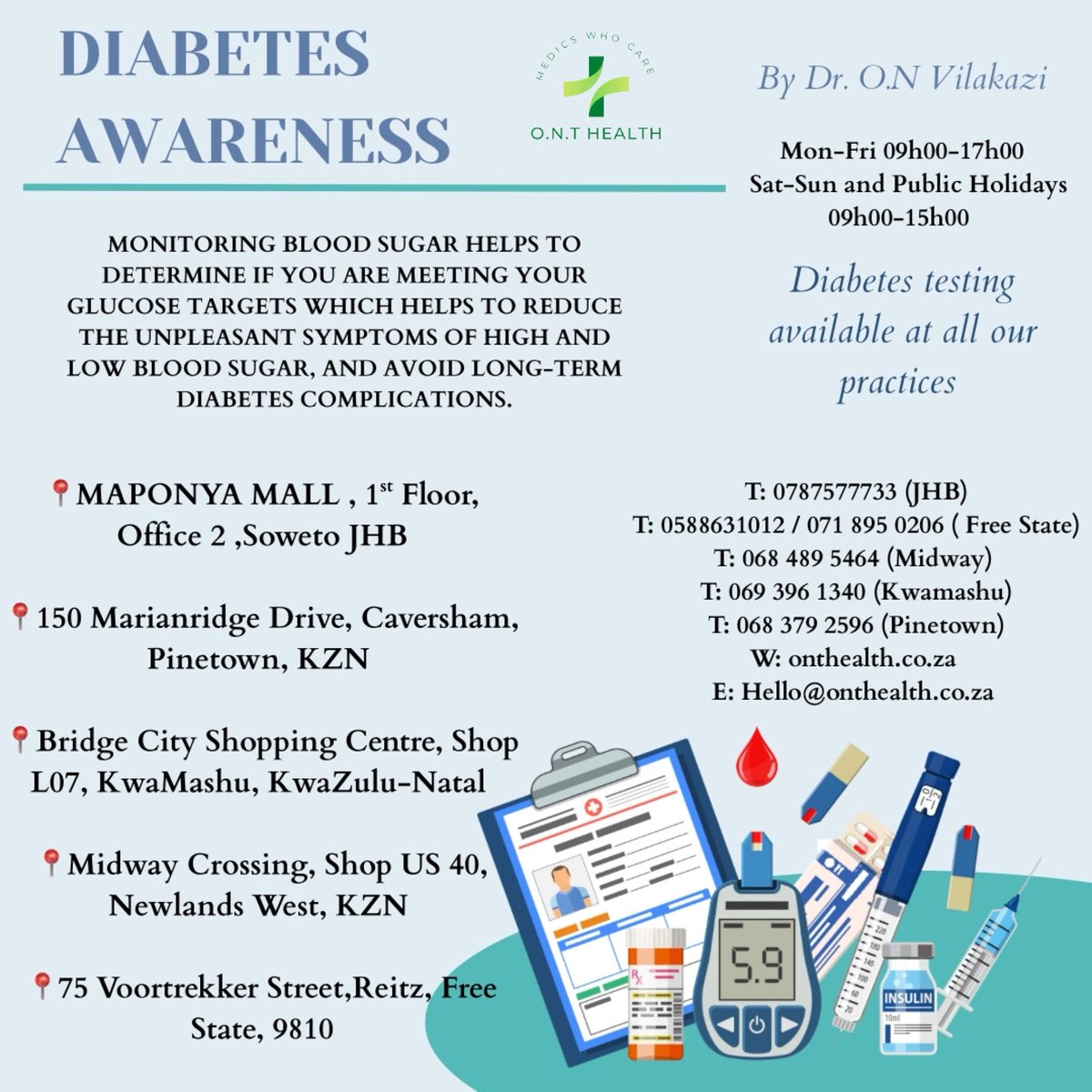 MedicsWhoCare's tweet image. Monitoring blood sugar helps to determine if you are meeting your glucose targets which helps to reduce the unpleasant symptoms of high and low blood sugar, and to avoid long-term diabetes complications.
Diabetes checkups are available at all our practices .
