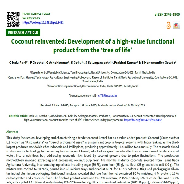 Coconut reinvented: Development of a high-value functional product from the ‘tree of life’ - doi.org/10.14719/pst.8…