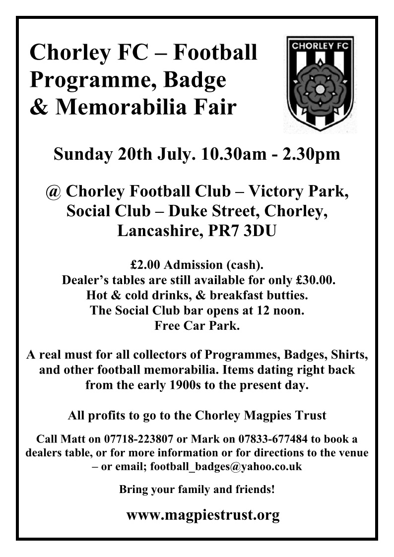 Richscottmedia (@richscottmedia) on Twitter photo *Calling all Programme collectors*
This Sunday is the <a href="/chorleyfc/">Chorley FC</a> programme fair.
Dealers from across the country are coming to sell their programmes at the Chorley FC programme fair.
Complete your collection or stumble on a bargain.
Bacon butties are also on offer. *Calling all Programme collectors*
This Sunday is the <a href="/chorleyfc/">Chorley FC</a> programme fair.
Dealers from across the country are coming to sell their programmes at the Chorley FC programme fair.
Complete your collection or stumble on a bargain.
Bacon butties are also on offer.