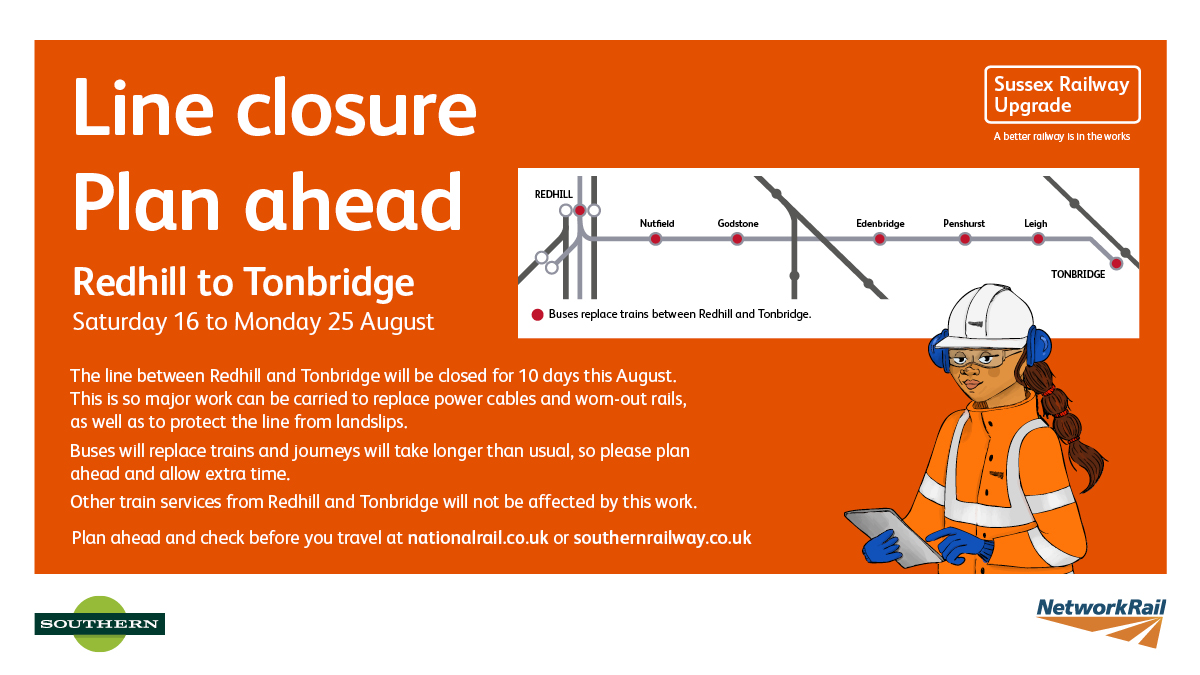 NetworkRailSE's tweet image. 🚧 Plan ahead: Major rail works in one month.
📅 16–25 August 2025
📍Line closed between Redhill↔Tonbridge
We’re:
🔌Renewing 13 miles of power cables
🛤️ Replacing worn rails near Edenbridge
🌧️ Protecting the track from landslips
🔧Upgrading infrastructure
🚌…