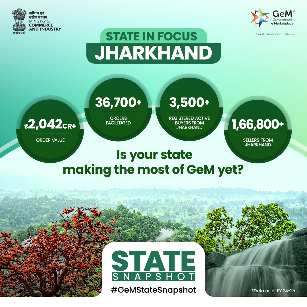 GeM_India's tweet image. Jharkhand — A GeM of a state is stepping ahead in the procurement landscape the #Efficient, #Tranparent and #Inclusive way!
Now it’s YOUR turn!
Transform your state's procurement with GeM. Don’t miss out on the future of governance.
Visit👉 gem.gov.in
#GeMIndia…