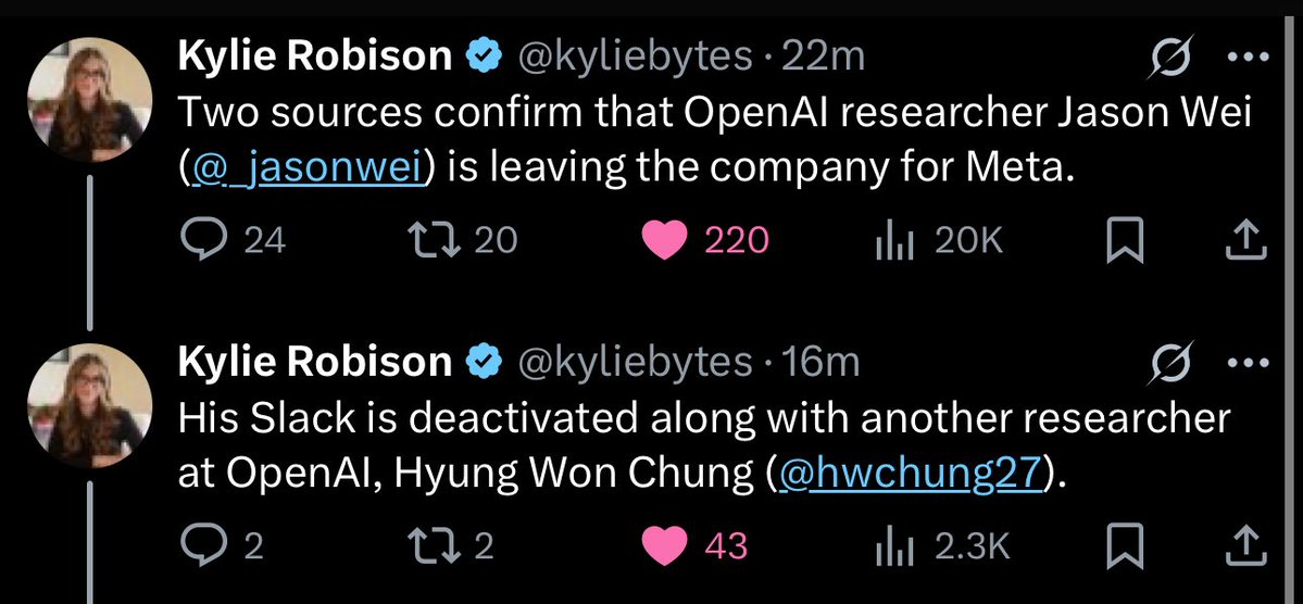 JonhernandezIA's tweet image. Meta se lleva a dos más de los importantes en @OpenAI.

Me empieza a tener desconcertado lo que @Meta esta consiguiendo con dinero.

Por un lado parece que la promesa no es solo dinero, zuck esta prometiendo cómputo infinito, lo cual podría ser una buena razón si crees que tienes…