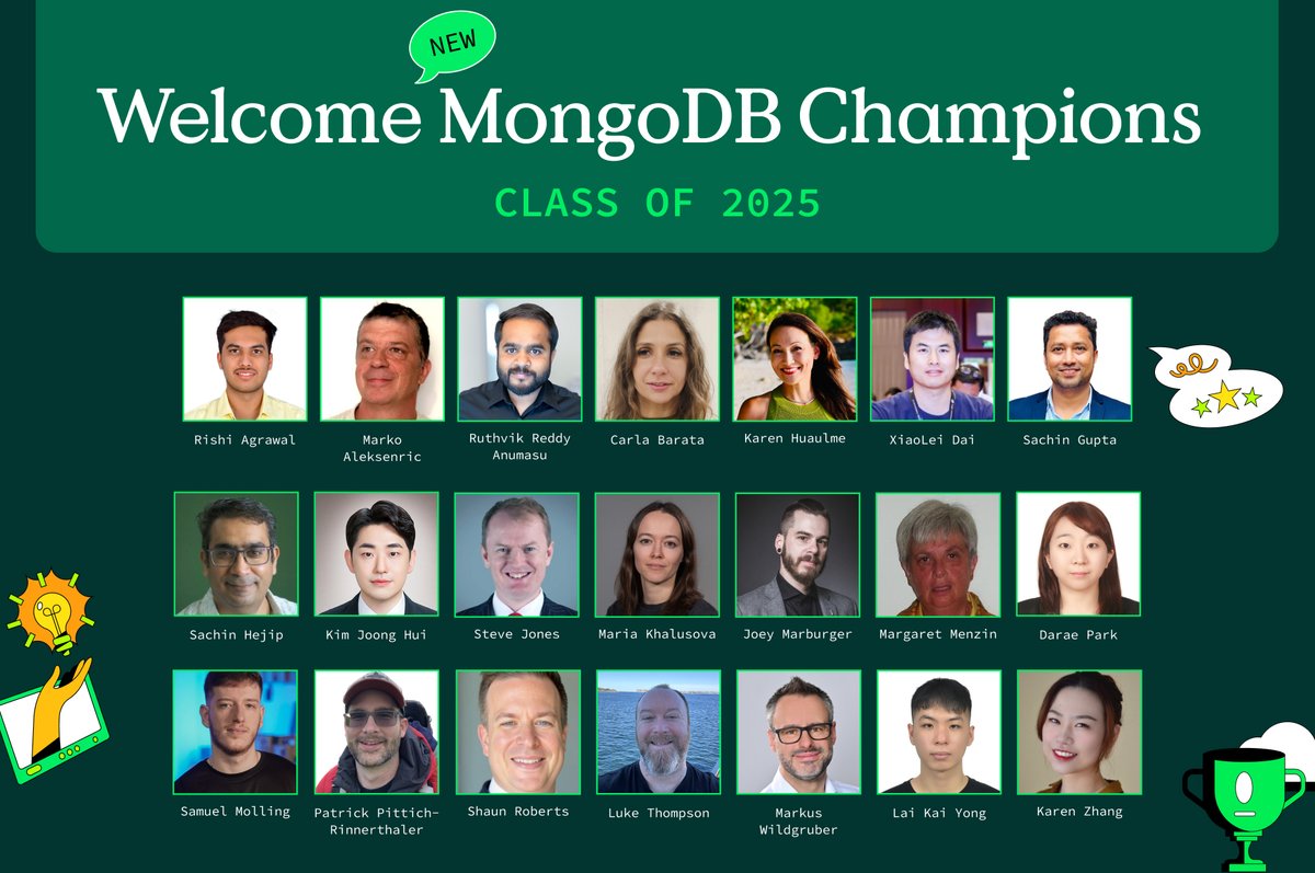 MongoDB's tweet photo. 🌎 🎉 MongoDB Community Champions are passionate and dedicated advocates from all around the globe. 

Meet the NEW 2025 cohort and learn how you can get involved in the MongoDB developer community 👉 https://t.co/tOi8nxYnod https://t.co/9BXcyJxoOB