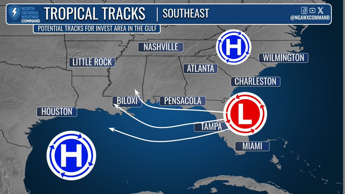 NGAWXCommand's tweet image. HEAT & THE TROPICS:
Highs continue to be above average with heat index values again near/reaching triple digits. Scattered PM showers with localized flooding, lightning, & gusty winds possible. Watching the three potential tracks the system moving into the Gulf could take. #gawx