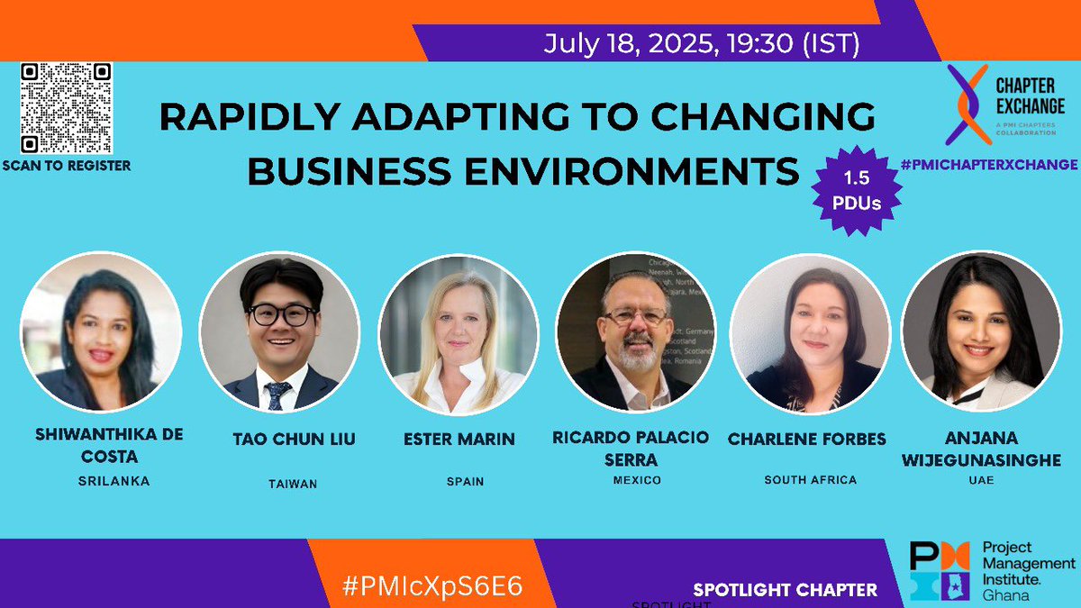 PMISouthAfrica's tweet image. 🌍 PMI Chapter Xchange: Adapting to Change
Join global experts to discuss agility, innovation &amp;amp; leadership in dynamic business environments.  

📅 July 18, 2025 
🕢 7:30 PM IST
🔗 Register:tinyurl.com/pvry9zhd 

Open to all! #PMIChapterXchange #Agility #ProjectManagement