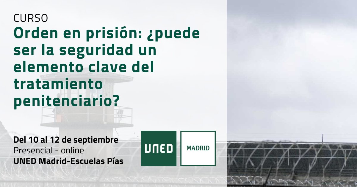 UNEDMadrid's tweet image. 🔐Curso de Verano: Orden en prisión – ¿Puede la seguridad ser clave en el tratamiento penitenciario?
Del 10 al 12 de septiembre, analizamos el papel de la seguridad dinámica y el personal penitenciario en la resocialización de los penados.
🔗extension.uned.es/actividad/idac…