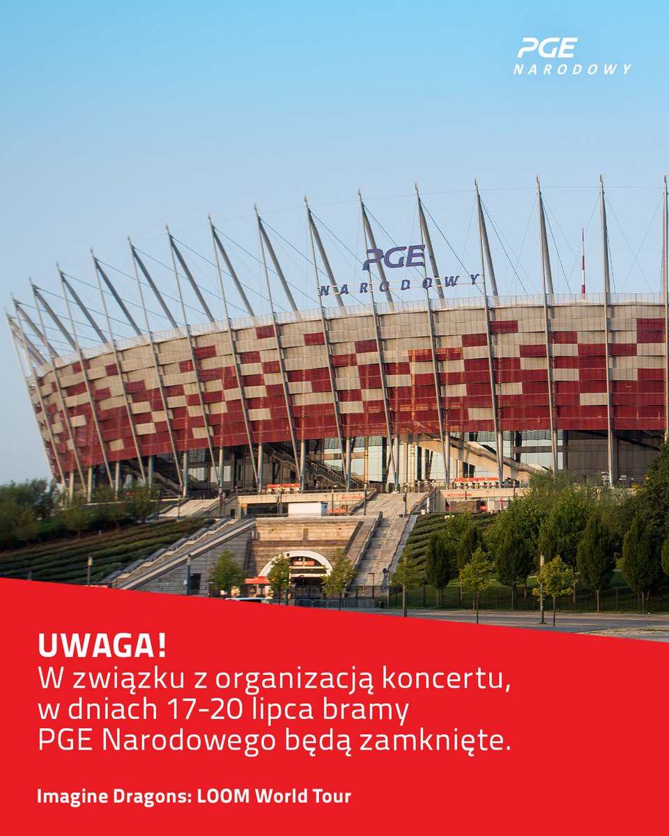PGENarodowy's tweet image. 📢 W dniach 17–20 lipca PGE Narodowy będzie zamknięty dla odwiedzających. 🏟️
W tym czasie:
❌ nie odbędą się wycieczki z przewodnikiem,
❌ punkt widokowy będzie nieczynny,
❌ promenada zewnętrzna będzie niedostępna dla osób uprawiających sporty miejskie.
Zapraszamy ponownie…