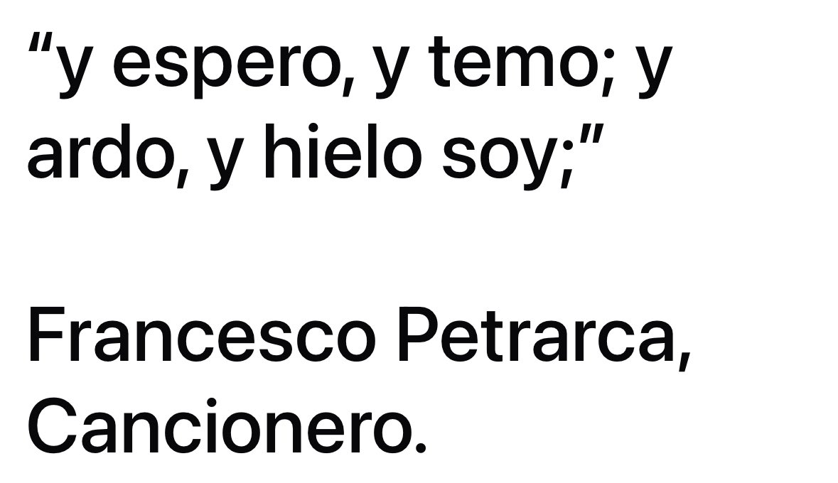 DazInma's tweet image. Petrarca logró, en apenas un verso, condensar un torbellino emocional.
Hay algo profundamente humano en experimentar emociones opuestas al mismo tiempo: amar y temer, desear y retraerse, arder por dentro y, sin embargo, sentirse paralizado.