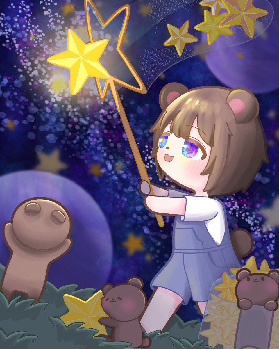 1LcFS8sQ0762390's tweet image. 「おほしさま、つかまえたよ!」
くまみみの子と、小さなくまたちが星集め中🌟
ふんわり夜空にきらめく、夢の中のワンシーンです。
#絵柄が好みっていう人にフォローされたい #イラスト #オリキャラ