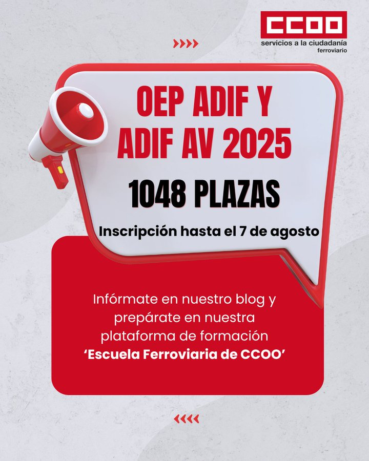 Comunica_FSCA's tweet photo. OEP🚉‼️ @Adif_es y #AdifAV publican la Oferta de #EmpleoPúblico para 2025

📊Ofertan: 764 plazas de Personal Operativo, 216 de Cuadro Técnico y MMII y 68 de Técnico

🗓️El plazo de inscripción finaliza el 7 de agosto

▶️ https://t.co/6rLCpqmgDo https://t.co/orflEXGU1j