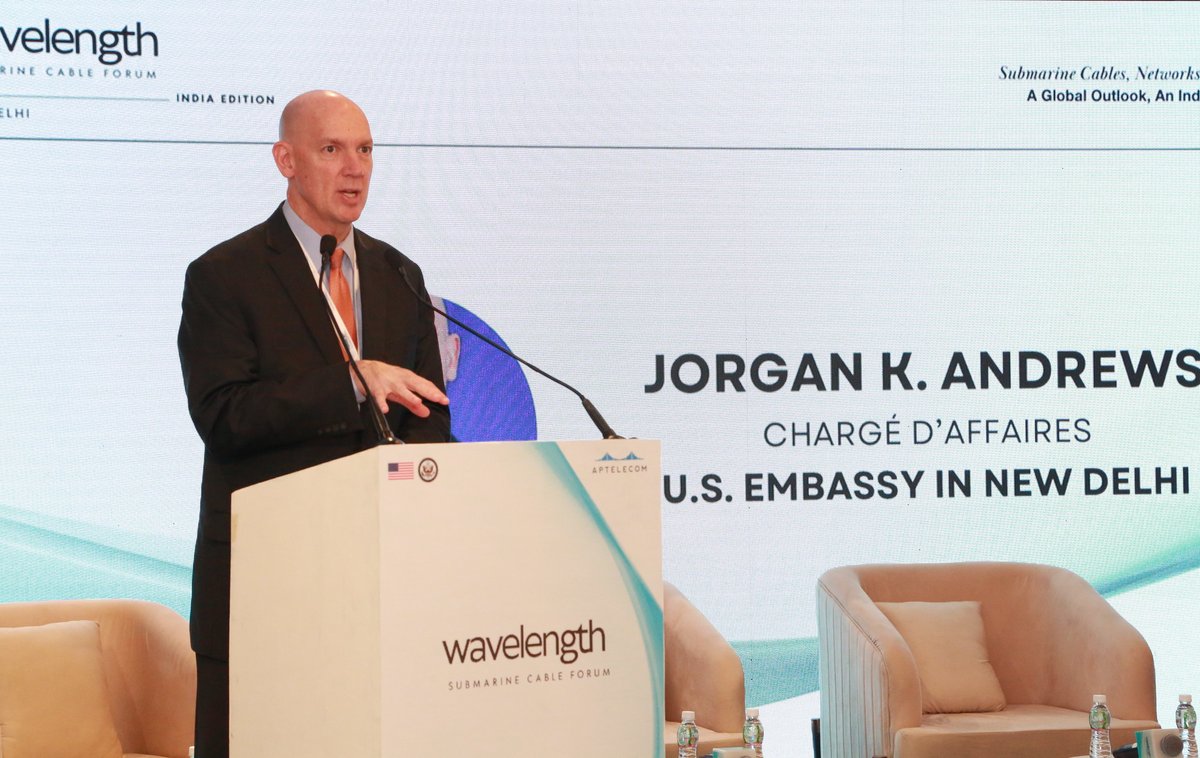 USAndIndia's tweet image. CDA Andrews was honored to join @DoT_India, @neerajmittalias, and @AusHCIndia at the Wavelength Submarine Cable Forum—advancing Quad cooperation on trusted digital infrastructure, and the promotion of trusted, secure technology for submarine cable construction, maintenance, and…