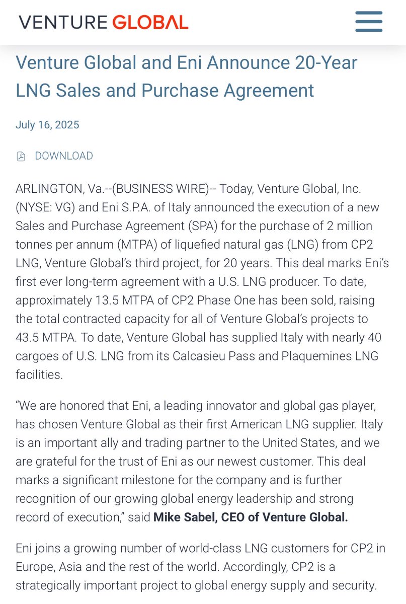 LNG_Investor_'s tweet image. Venture Global and Eni Announce 2 mtpa SPA from CP2 LNG $VG
To date, approximately 13.5 MTPA of CP2 Phase One has been sold, raising the total contracted capacity for all of Venture Global’s projects to 43.5 MTPA.