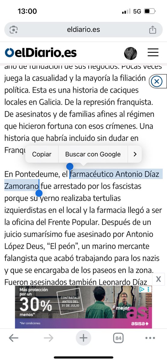 AntonioMaestre's tweet photo. Parece que ha escocido a Feijóo y su familia que cuente la historia de cómo se enriquecieron en el franquismo. 

Han filtrado a Okdiario una historia en la que hablan de una persona distinta a la que menciono en el artículo. 

En mi artículo digo que el farmacéutico asesinado fue Antonio Díaz Zamorano y que esa farmacia fue la que se quedó. 

Y el libelo de Okdiario dice que yo he dicho que Pío García Novoa fue asesinado en 1937. Les han filtrado mercancía averiada. 

https://t.co/c4srVULauw